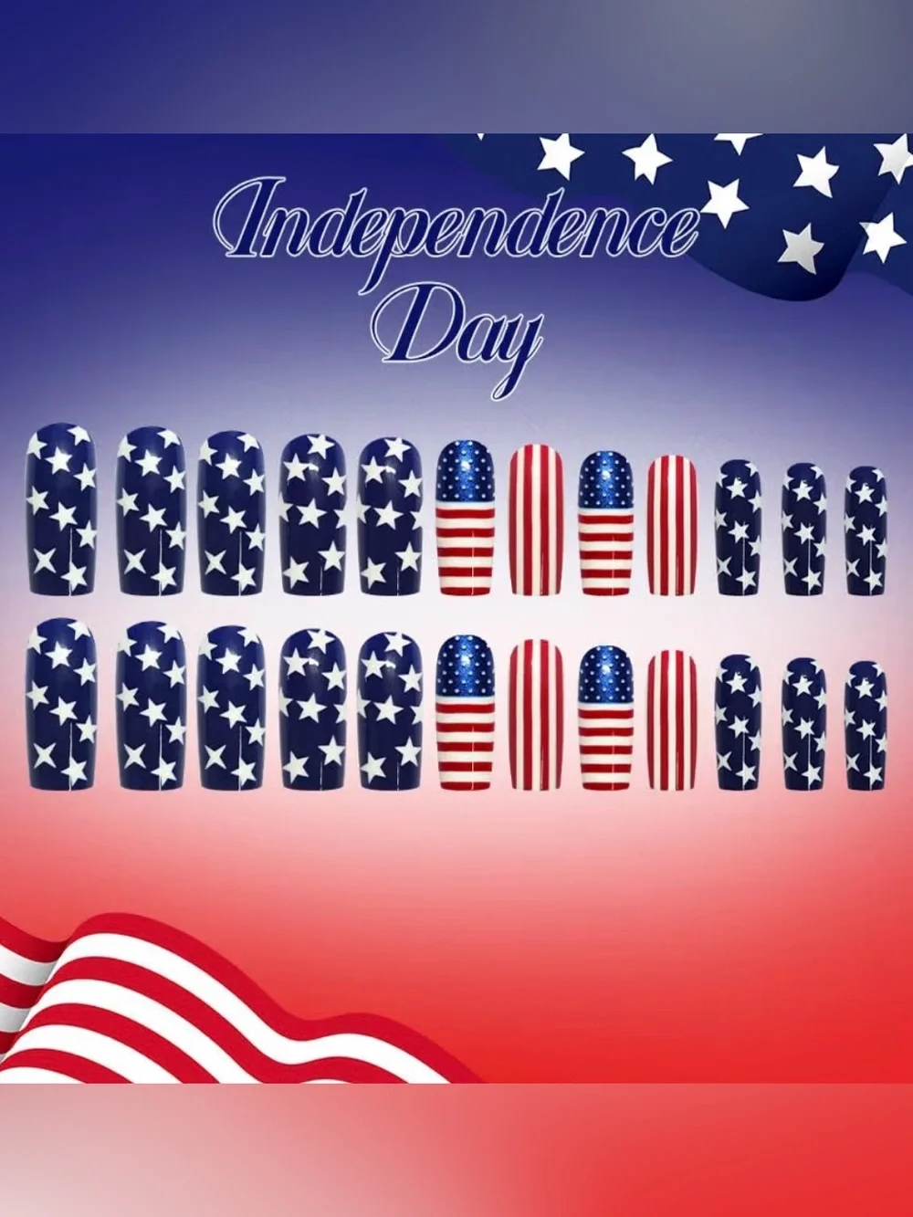 American Flag Inspired Press-On Nails - Red White Blue Stars & Stripes